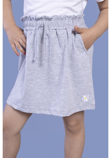 Toontoy Kız Çocuk Cep Detaylı Papatya Nakışlı Etek Gri Melanj