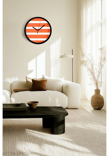 Yatay Çizgili Modern Duvar Saati - 30cm - Önü Camlı Siyah Kasa - Sessiz Mekanizma-jh0895 Siyah