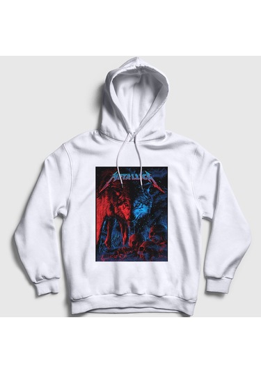 Presmono Unisex Wolf Metallica Kapüşonlu Sweatshirt Beyaz