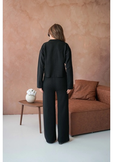Kadın V Yaka Düğme Detay Ceket Pantolon İkili Triko Takım Siyah