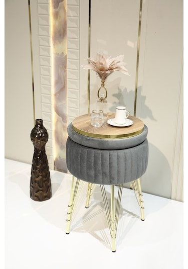 Bianco Metal Ayaklı Puflu Zigon Sehpa Altın Antrasit Gri Gold Anthracite Gray