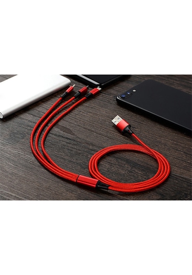 Lemestar 3'ü 1 Arada Hızlı Şarj Kablosu - Type C, Lightning, Micro Usb Uyumlu - Dayanıklı Örgülü Tasarım
