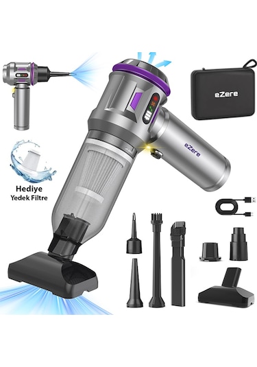 Ezere 16000pa Güçlü Dijital Göstergeli Vakumlu Kablosuz Üflemeli Mini Araç Süpürgesi Gümüş