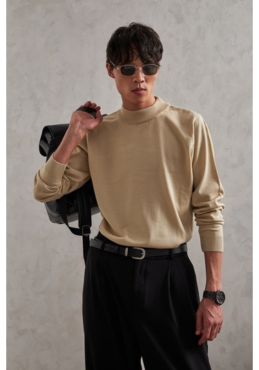 Erkek Yarım Balıkçı Oversize Basıc Triko Kazak Krem