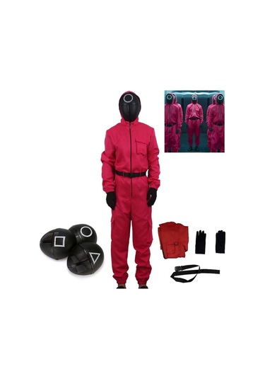 Çocuklar İçin Unisex Kalamar Oyunu 2 Kostüm Cosplay Tulum + Kalamar Oyunu Maskesi Cadılar Bayramı Kıyafeti Hediyeleri Parti 7-9 Yaş