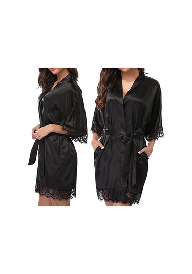 Sones Yarım Kollu Bornoz Kadın Sahte İpek Pijama Gece Elbisesi Siyah