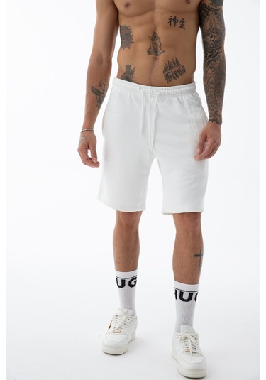 Erkek Beyaz Yüksek Kalite Relax-fit Rahat Kesim %100 Pamuk Bağcıklı Siyah Düz Basic Şort Beyaz