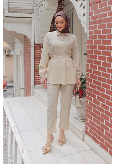 Taş Düğme Detaylı Takım Bej Bej