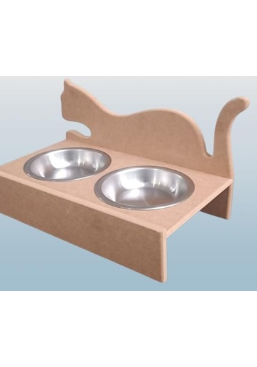 Hobi Adn 90368 Model Kedi Mama Su Kabı Ahşap Paslanmaz Tabak El Yapım