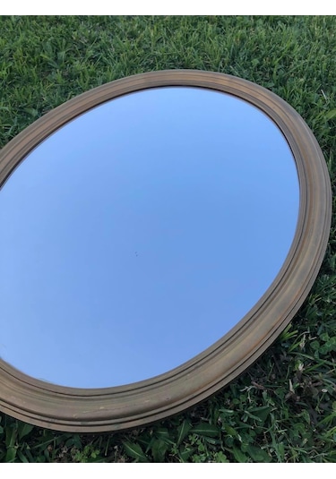 Vintage Plastik Çerçeveli Oval Ayna 78x62 cm - Dekoratif Ayna Açık Kahverengi