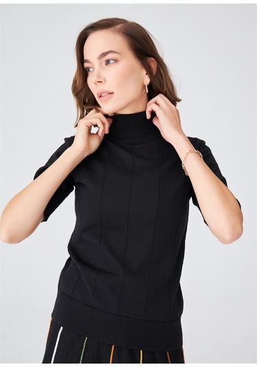 Peraluna Balıkçı Yaka Kısa Kollu Basic Kadın Triko Bluz Siyah-Siyah