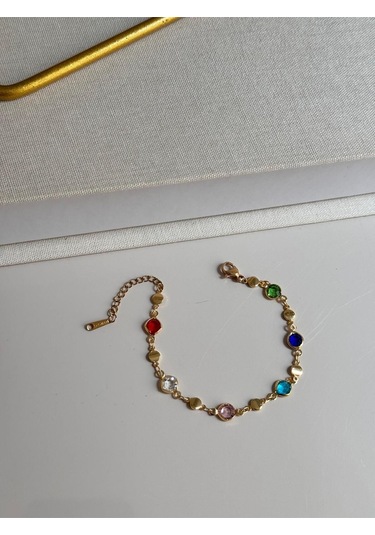 Renkli Taş Detaylı Altın Kaplama Bileklik Zarif Kadın Takı Çok Renkli
