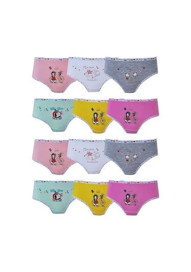 Tutku İç Giyim Kız Çocuk Baskılı Renkli Külot Likralı Slip 12'li