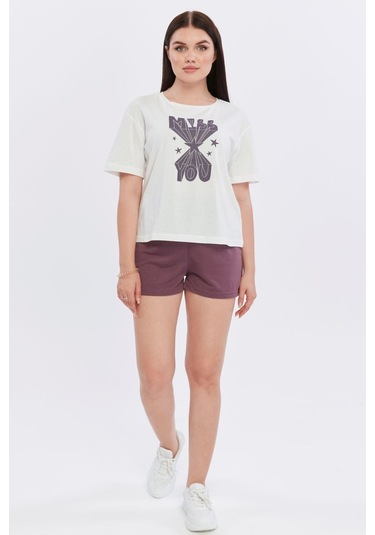 Bella Dossi Pamuklu Kısa Kollu Baskılı Kadın Şortlu Yazlık Pijama Takımı Mürdüm Beyaz Beyaz - Mürdüm