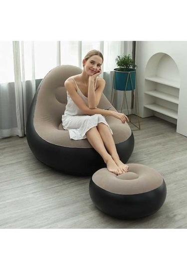 Pazly Yeni Açık Kamp Pvc Şezlong, Tembel Pedallı Şişme Kanepe, 116x98x83cm, Kahverengi Makaron Tasarımı, Elektrikli Pompa, Kahverengi