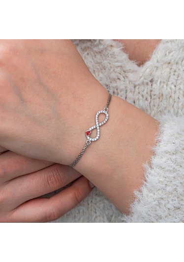 Artsmagazinmücevher Gümüş Sonsuzluk Kırmızı Kalpli Kadın Bileklik