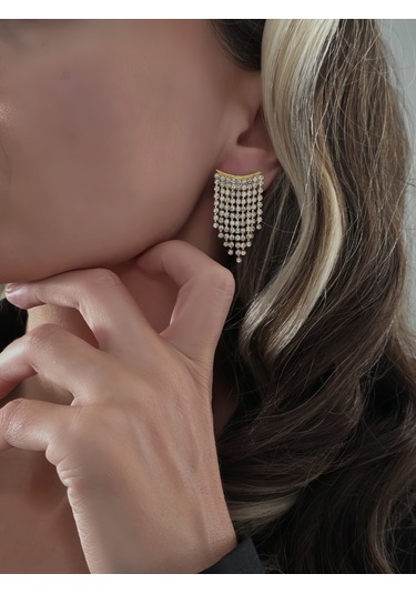 Sallantılı Minimal Beyoğlu Taşlı Gümüş Renk Küpe Altın