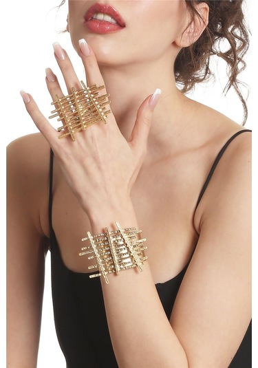 Kadın Mat Altın Kaplama Açık Bant Çit Model Bohem Bileklik &yüzük Set Altın