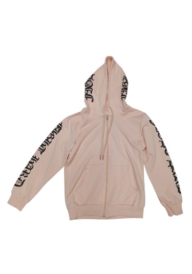 Kız Çocuk Kolları Yazı Desen Fermuarlı Kanguru Cepli Pudra Hırka