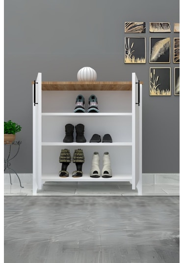 %100 Mdf 2 Kapaklı Küp Üstü Desenli Ayakkabılık Beyaz