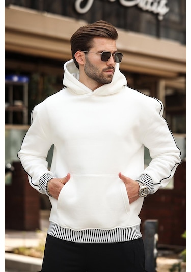 Madmext Ekru Kapüşonlu Kanguru Cep Erkek Sweatshirt E7163 Ekru