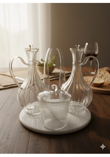 Morponi Cam Yağlık Ve Tuzluk Seti Mermer Altlıklı Şık Sunum 3'lü Set Glorry Çizgili Tasarım Şeffaf