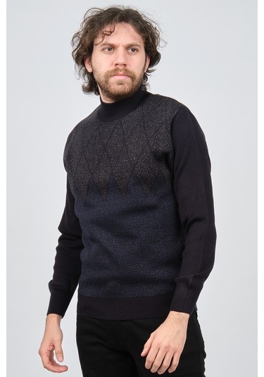 Ateş Triko Erkek Yarım Balıkçı Yaka Desenli Kazak 6091804 Laciver Lacivert