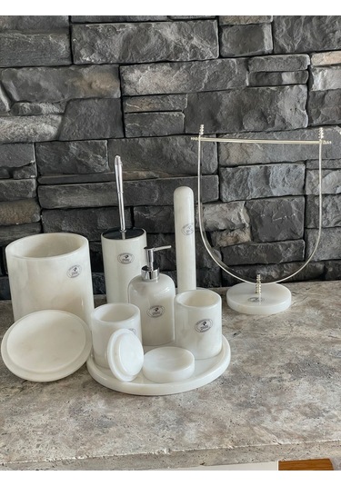 Beyaz Doğal Mermer Gümüş Rengi Aksesuarlı 9,lu Banyo Seti Beyaz