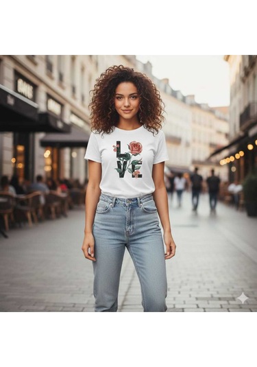 Love Çiçek Baskılı Kadın Pamuklu T-shırt Beyaz