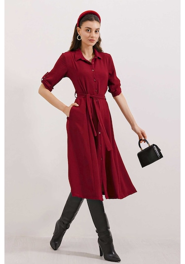 Bigdart Kadın Bordo Kuşaklı Gömlek Elbise 2442 Bordo