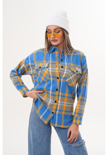 Kadın Desen Bloklu Oduncu Oversize Bol Ve Geniş Kalıp Casual Cepli Yakalı Ceket Gömlek Çok Renkli