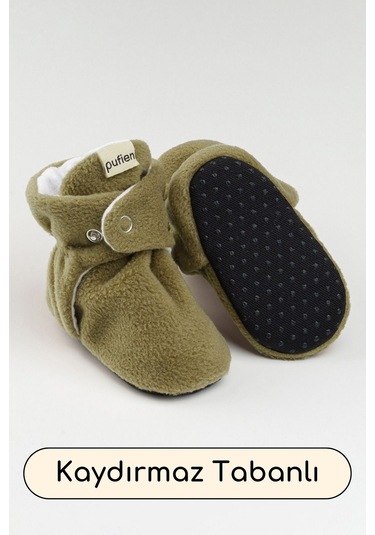 Organik Pamuk Astarlı, Bebek İlk Adım Ayakkabısı, Kaydırmaz Taban, Bebek Pandufu, Bebek Patik Haki Haki