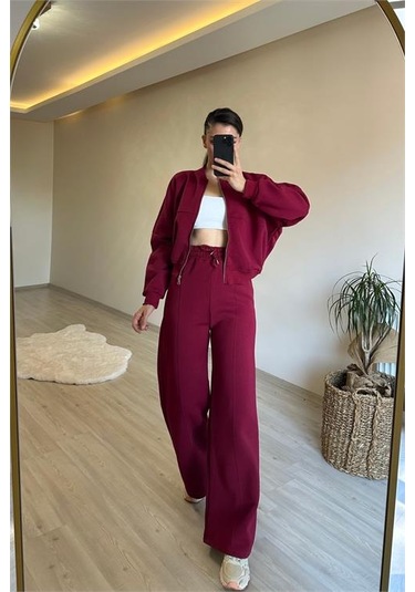 Neşeli Butik Kadın Fermuarlı Oversize Sweat Ve Yüksek Bel Eşofman Takımı Nm018 Bordo