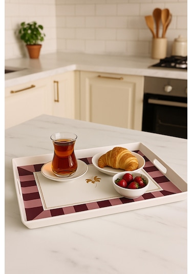 Makri Home Çizgili Desenli Servis Tepsisi 38x28x3,5 Cm, Bordo Bordo