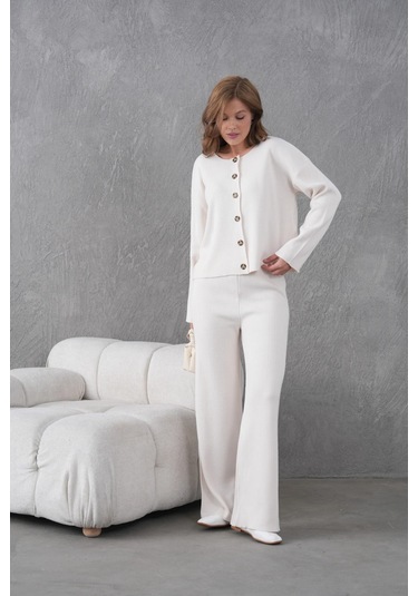 Kadın Bisiklet Yaka Düğme Kapama Kaşkorse Ceket Pantolon İkili Triko Takım Taş