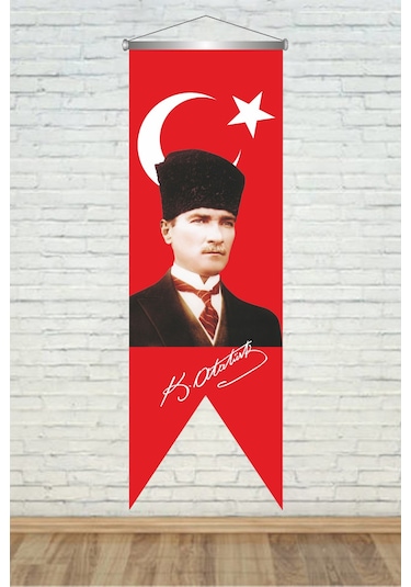 Kemal Atatürk İmzali Türk Bayrağı Saten Kırlangıç Flama