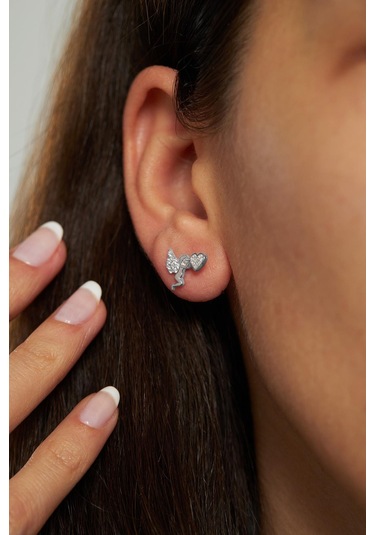 Zirkon Taşlı Rodyum Eros Aşk Meleği Çivili Gümüş Küpe Gümüş