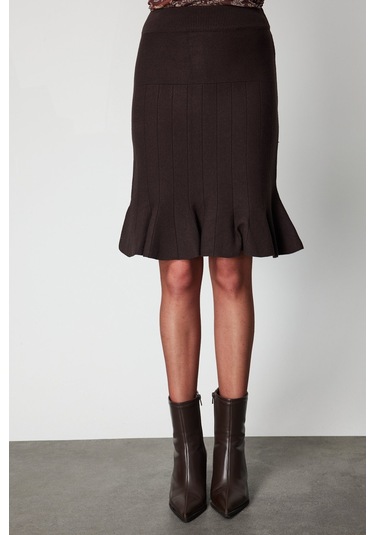 On Kadın Eteği Pileli Diz Üstü Triko Etek 65200 Kahverengi Kahverengi