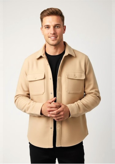 Deepsea Erkek Bej Kaşe Ceket Mont Rahat Kesim Cepli Çıtçıtlı Ceket 2500559 Bej