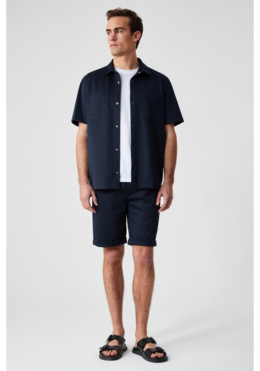 MELOS Erkek Kısa Kollu Cepli Çıtçıtlı Relaxed Fit Lacivert Gömlek