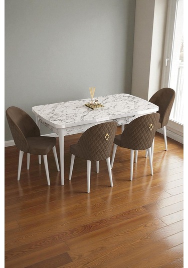 Mura Beyaz Mermer 80x132 Açılabilir Mdf Masa Yemek Odası Takımı, Mutfak Takımı 4 Adet Sandalye Kahverengi