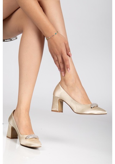 Kadın Siletto Topuklu Ayakkabı Gold Saten Taşlı Kalın Topuklu-4167 Gold Parlak