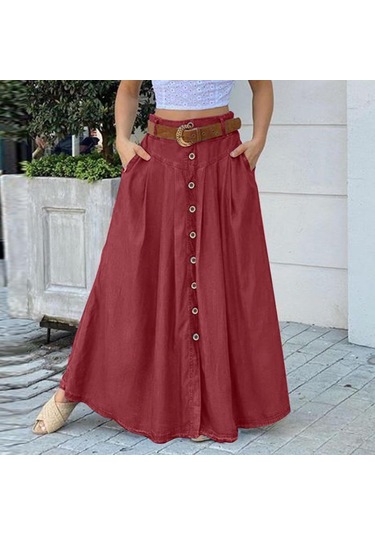 Zanzea Kadın Yaz Rahat Düz Renk Şalvar Uzun Etekler Şarap Kırmızısı Bordo