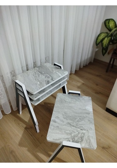 Zigon Sehpa 4'lü Mermer Desenli Tepsi Model Gri Mermer Desen Antrasit Ayak Gri Mermer