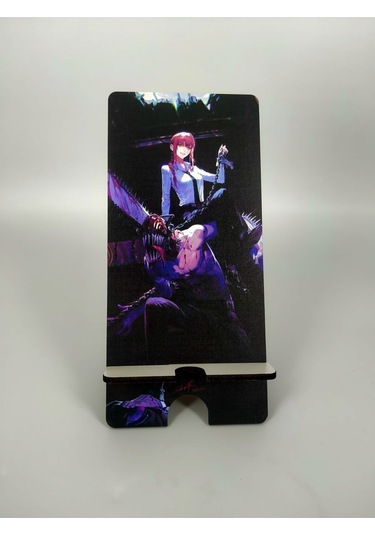 Ahşap Telefon Tutucu Masaüstü Cep Telefonu Standı - Chainsaw Man Denji Makima Hızlı Şarj Çok Renkli