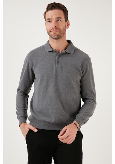 Buratti Pamuk Karışımlı Regular Fit Erkek Polo Yaka Kazak 456223 Koyu Gri