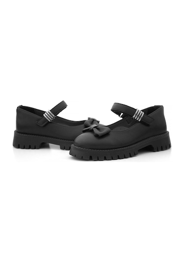 Rakerplus Siyah Mat Kalın Tabanlı Metal Detaylı Cırtlı Kız Çocuk Babet Siyah