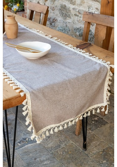 Vivamaison Pamuk Püsküllü Runner Masa Örtüsü 45 x 150 Kahverengi