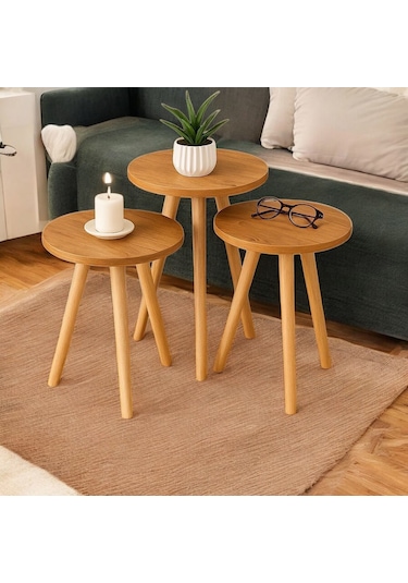 Yan Sehpa Ve Zigon Sehpa Ahşap Ayaklı 3lü Açık Kahverengi