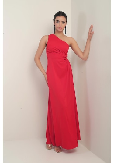 Kadın Tek Omuz Yan Pencere Detaylı Uzun Krep Saten Elbise-40826 Kırmızı